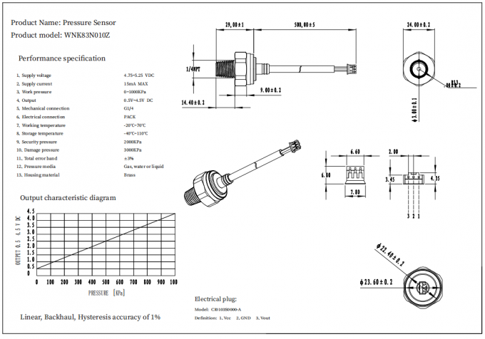 Capteur de pression d'eau de laiton de la barre 20bar du coût bas 10 avec la sortie 0.5-4.5V
